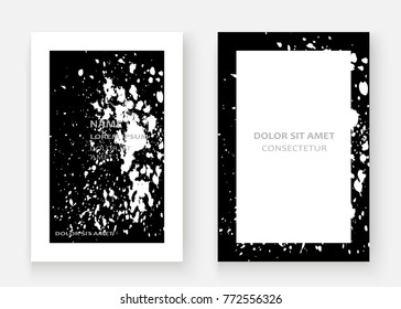 Monochrome explosion paint splatter artistic cover frame design. Black white splash spray texture background. Trendy creative template vector Cover Report Catalog Brochure Flyer Poster Banner