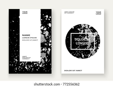 Monochrome explosion paint splatter artistic cover frame design. Black white splash spray texture background. Trendy creative template vector Cover Report Catalog Brochure Flyer Poster Banner