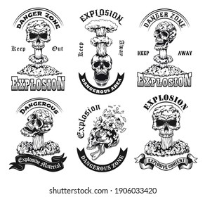 Monochrome Explosion Zone Emblems Vector Illustration Set. Vintage Stickers With Skulls In Nuclear Explosion. Danger Area And Explosive Materials Concept Can Be Used For Stickers And Badges