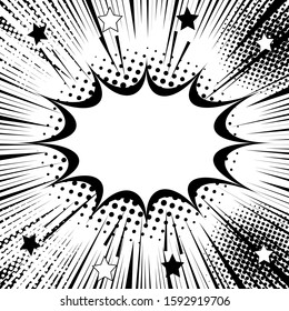 Monochrome explosive and bursting template with blank speech bubble stars halftone and rays effects in comic style. Vector illustration