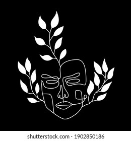 Monochrome Face Line Art Vector with Nature Floral Leaves Black Line Art, Continuous line art in elegant and minimalist style for T-Shirt, posters, textile, cards etc