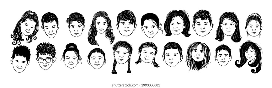 monochrome faces of children. Vector illustration