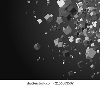 Monochrome falling cubes square brick geometric dark gray realistic background template vector illustration. Abstract flying box geometric form random polygonal dynamic structure futuristic movement