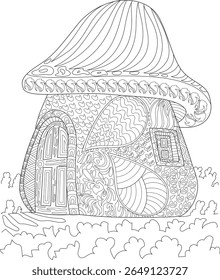 Monochrome fantasy mushroom house with decorative patterns, ideal for kids' and adults' coloring books, magical garden themes, and whimsical architectural designs in line art.