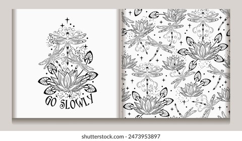 Monochrome fantasy seamless pattern, emblem with lotus flower, flying fantasy dragonflies, dragonfly pixie, faerie, stars, text. Mysterious, fairytale concept. White background