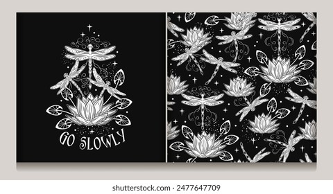 Monochrome fantasy seamless pattern, emblem with lotus flower, flying fantasy dragonflies, dragonfly pixie, faerie, stars, text. Mysterious, fairytale concept. Black background