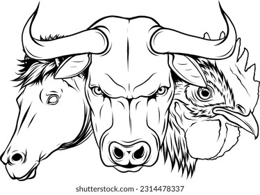 Monochrome Farm animals silhouettes set of horse bull cow chicken. Vector illustration