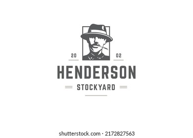 Monochrome farm market local agricultural business logo template design vector illustration. Geometric rectangle frame male farmer portrait with straw in mouth countryside industrial premium mark