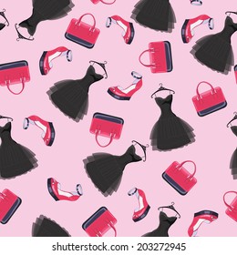 Monochrome fashion women's handbags ,shoes in seamless pattern .Use as fabrics / Wallpaper / background / wrapping paper.Vector    Fashion seamless pattern.Colored women's handbags,shoes