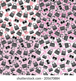 Monochrome fashion women's handbags ,shoes ,smiling lips in Fashion seamless pattern .Black and white graphics. Use as fabrics / Wallpaper / background / wrapping paper.Vector     