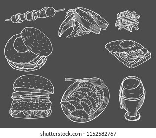 Monochrome Fast food decorative colored sketch icons set isolated vector illustration