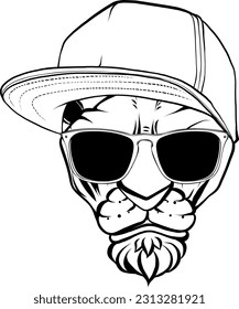 monochrome feline head with hat and sunglasses on white background