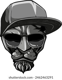 monochrome feline head with hat and sunglasses on white background