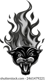 Monochrome ferocious panther head with flames isolated vector illustration