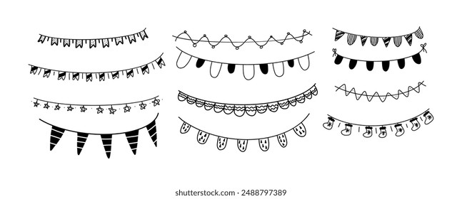 Monochrome festive flag bunting vector icons bundle. Festive flag garlands hand-drawn to highlight decorative appeal on white background