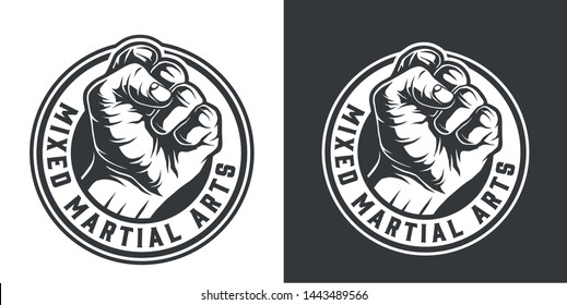 Monochrome fight club round logotype with strong male fist in vintage style isolated vector illustration