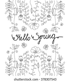 monochrome figure with wild flowers and the words Hello spring on white background