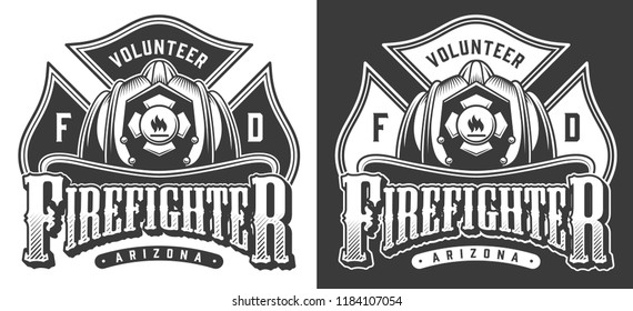 Monochrome firefighting emblems with crossbones and firefighter skull wearing helmet in vintage style isolated vector illustration