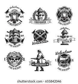 Monochrome firefighting labels set with fireman skull rescue tools and equipment in vintage style isolated vector illustration