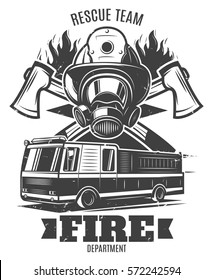 Monochrome firefighting template with rescue mask fire truck axes and flame in vintage style isolated vector illustration