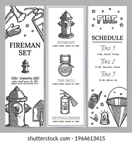 Monochrome Firefighting Vintage Banner Templates of fireman tools vector illustration. Rescue equipment isolated. Vertical Design Template, Copy Space for Social Media, Web, Instruction. High and Long