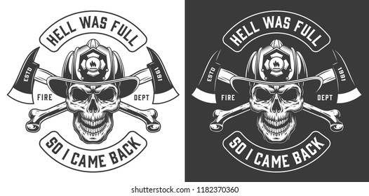 Monochrome fireman prints template with inscriptions skull in firefighter helmet in vintage style isolated vector illustration