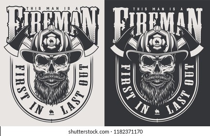 Monochrome fireman prints template with inscriptions skull in firefighter helmet in vintage style isolated vector illustration