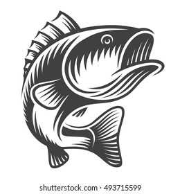 Monochrome fish bass logo on white background
