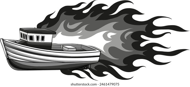 Monochrome fish boat with flames vector illustration