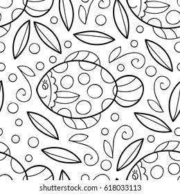 Monochrome fish cartoon seamless vector pattern with bubbles and seaweed. Black and white print.