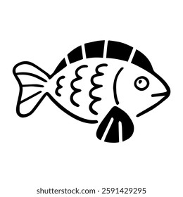 Monochrome Fish Icon: A stylized, minimalist monochrome illustration of a fish, perfect for various design applications, emphasizing clean lines and a contemporary aesthetic.