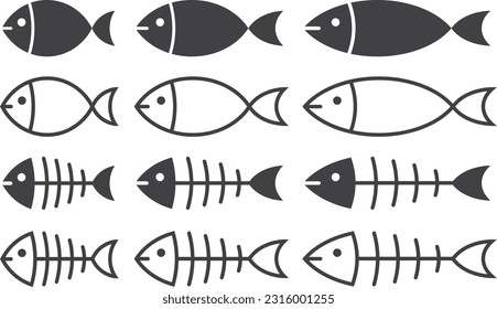 conjunto de ilustraciones vectoriales de iconos de peces monocromos