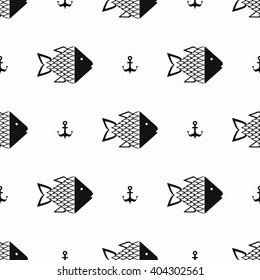 Monochrome fish pattern, nautical pattern, seamless vector illustration