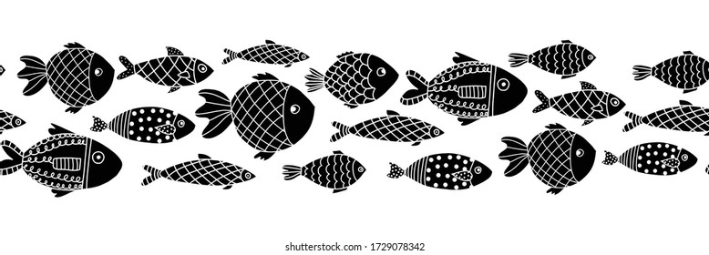 Los peces monocromos miden el borde vectorial sin fisuras. Arte de la línea de peces de doodle blanco negro. Animales oceánicos repitiendo el borde vectorial. 