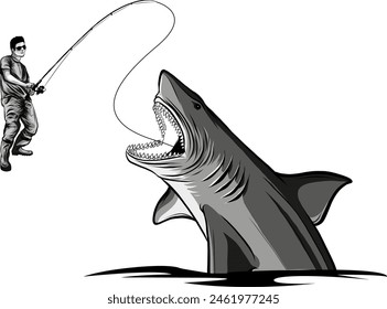 monochrome Fishing label with a shark and a fisherman in a boat.All elements editable.