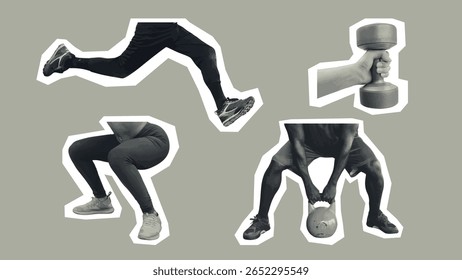 Colagem de fitness monocromática de homens que realizam exercícios com kettlebell, haltere, correndo e agachamento.