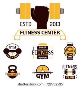 Monochrome fitness emblem design element gym sport club strong equipment silhouette vector illustration.