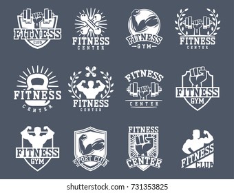 Monochrome fitness emblem design element gym sport club strong equipment silhouette vector illustration.
