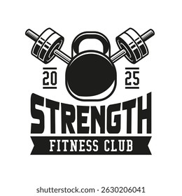 Monochrome fitness logo vector emblem isolated. Gym and fitness badge vector element Illustration. Design elements for gym and fitness logo vector emblem, badge, label in vintage style
