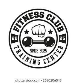 Monochrome fitness logo vector emblem isolated. Gym and fitness badge vector element Illustration. Design elements for gym and fitness logo vector emblem, badge, label in vintage style