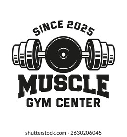 Monochrome fitness logo vector emblem isolated. Gym and fitness badge vector element Illustration. Design elements for gym and fitness logo vector emblem, badge, label in vintage style