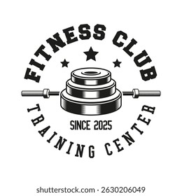Monochrome fitness logo vector emblem isolated. Gym and fitness badge vector element Illustration. Design elements for gym and fitness logo vector emblem, badge, label in vintage style