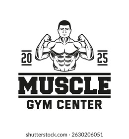 Monochrome fitness logo vector emblem isolated. Gym and fitness badge vector element Illustration. Design elements for gym and fitness logo vector emblem, badge, label in vintage style