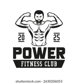 Monochrome fitness logo vector emblem isolated. Gym and fitness badge vector element Illustration. Design elements for gym and fitness logo vector emblem, badge, label in vintage style