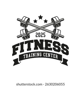 Monochrome fitness logo vector emblem isolated. Gym and fitness badge vector element Illustration. Design elements for gym and fitness logo vector emblem, badge, label in vintage style