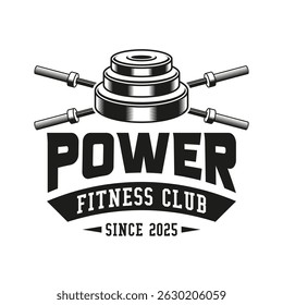 Monochrome fitness logo vector emblem isolated. Gym and fitness badge vector element Illustration. Design elements for gym and fitness logo vector emblem, badge, label in vintage style