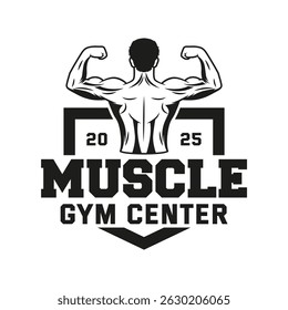 Monochrome fitness logo vector emblem isolated. Gym and fitness badge vector element Illustration. Design elements for gym and fitness logo vector emblem, badge, label in vintage style