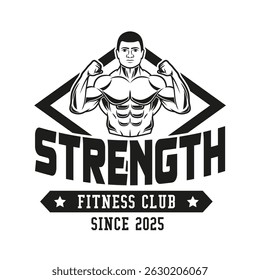 Monochrome fitness logo vector emblem isolated. Gym and fitness badge vector element Illustration. Design elements for gym and fitness logo vector emblem, badge, label in vintage style
