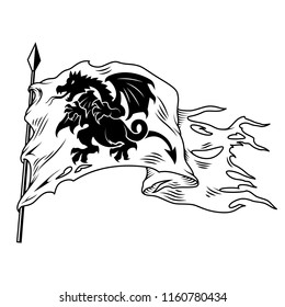 Monochrome flag with dragon isolated on white. Vector illustration