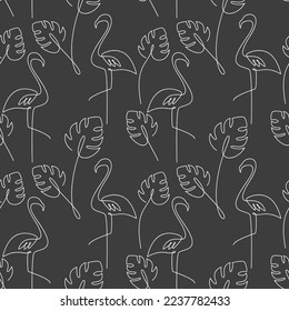 Monochrome flamingo with monstera plant leaves seamless pattern. Linear hand drawn outline botanical illustration. Line drawing. Wallpaper, graphic background, fabric, print, wrapping paper design.